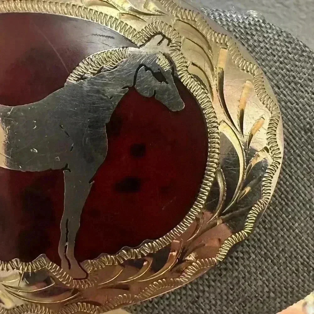 Vintage HORSE southwestern Blood Red Stone Inlay BELT BUCKLE Handmade Cowboy